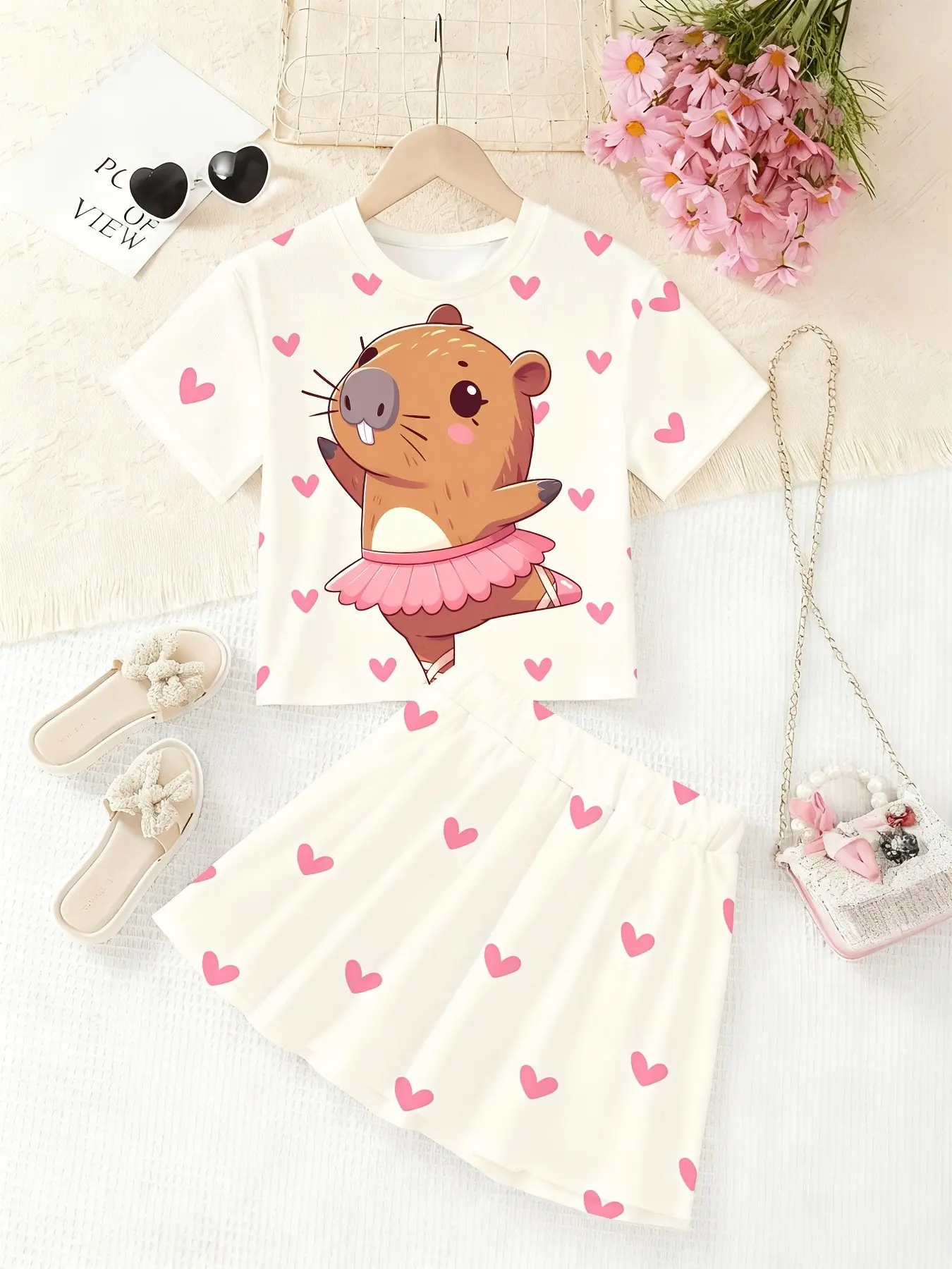 New Summer Girls Short Sleeve Dress Set, Cartoon Print Capybara Comfortable Casual Round Neck Top + Skirt Two-Piece, Cute Clothing Set, Clothes Sets