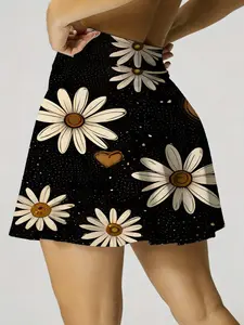 Summer Women's Lightweight Sporty Tennis Skirt and Shorts Set with Pockets, Daisy Print, Ideal for Running Yoga Fitness, Tennis Skirt Sets