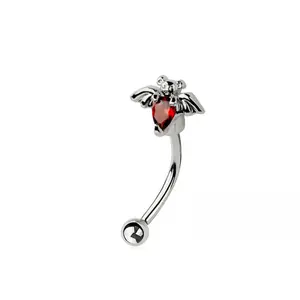 Red CZ Crystal Bat Top Curved Eyebrow Barbell - 316L Stainless Steel