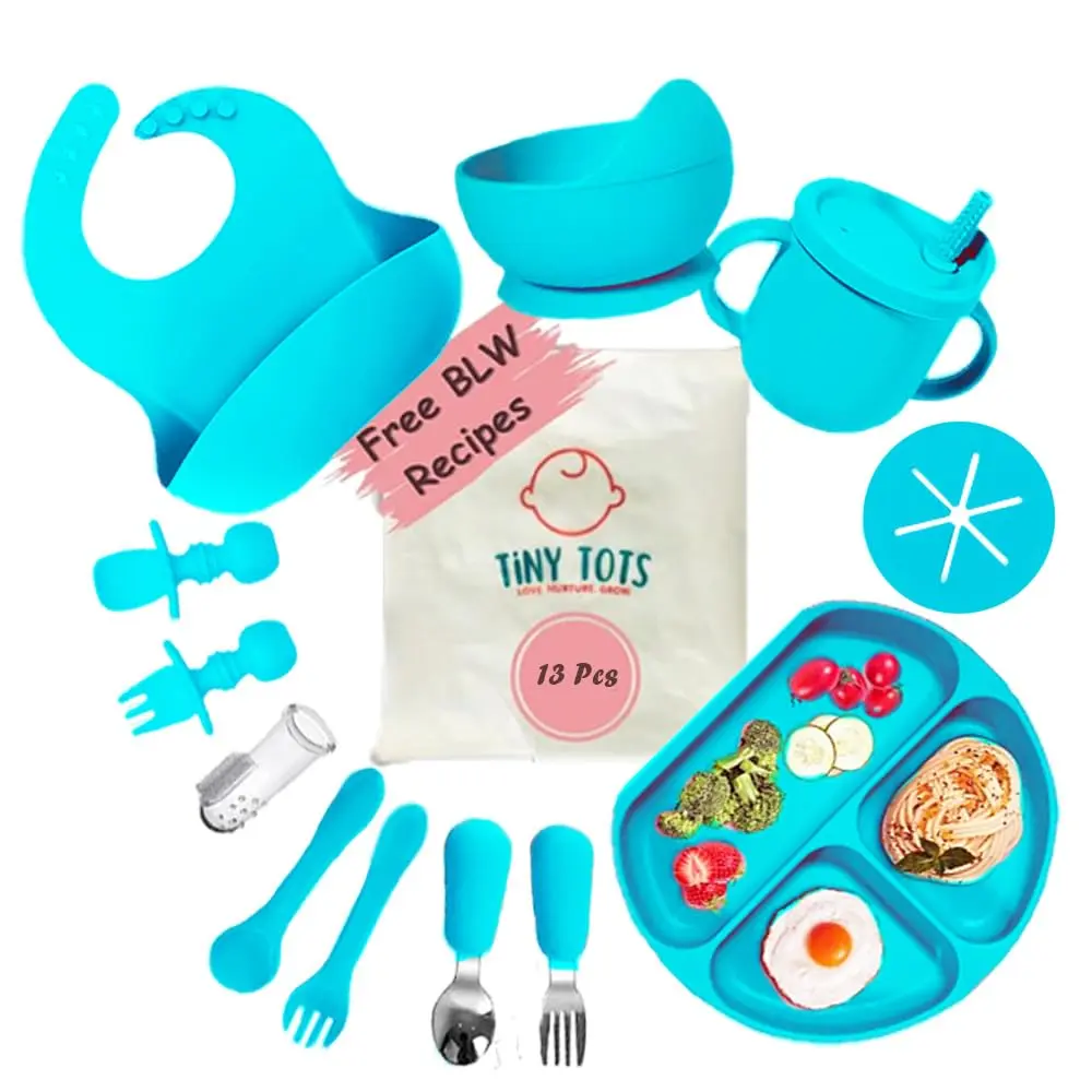 TinyTots Silicone Baby Feeding Set 13 pcs with BLW Recipes. Baby Plates and Bowls Set, Baby & Toddler Spoons Set, Sippy Cup & Lid, Silicone Bib, Baby Toothbrush (6+ Months)