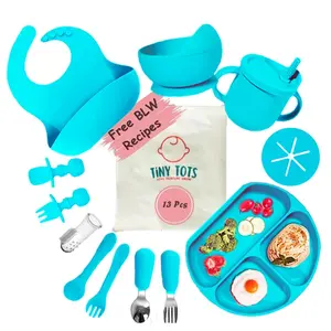 TinyTots Silicone Baby Feeding Set 13 pcs with BLW Recipes. Baby Plates and Bowls Set, Baby & Toddler Spoons Set, Sippy Cup & Lid, Silicone Bib, Baby Toothbrush (6+ Months)