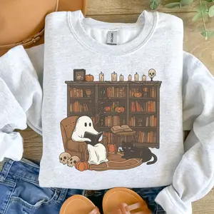 Ghost Reading Bookcase With Cat Sweatshirt - Ash Grey Cotton Fabric Jersey Aesthetic