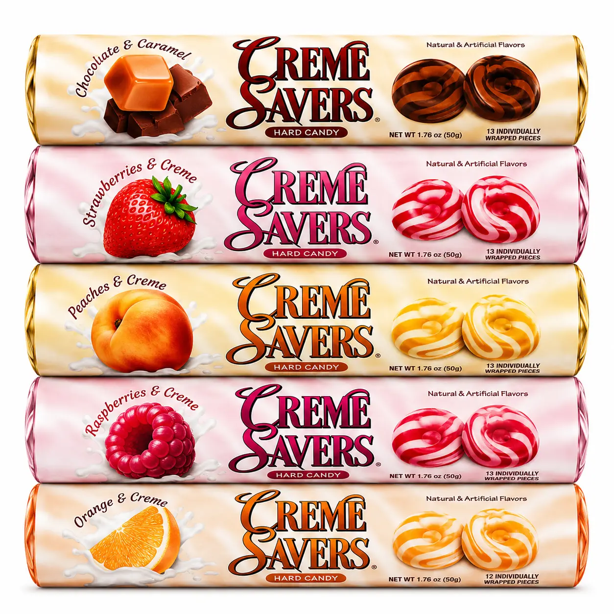 Creme Savers 1.76 oz, 5 Rolls Pack - Strawberry, Raspberry, Orange, Peach & Creme & Chocolate & Caramel Hard Candy – Nostalgic Creamy Fruit Flavor, Classic Sweet Treat, 90s Candy Favorite
