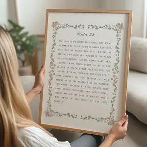 Psalm 23 Poster No Frame, The Lord is my Shepherd, Pink Floral Print, Vintage Bible Verse Wall Art, Cottagecore Christian Nursery Decor