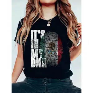 It's In My DNA Mexican Shirt Proud Hispanic Gift Mexico Flag women's shirts T-Shirt Casual Printed  Cotton Women T Shirt, Summer Tshirts Short Sleeve Graphic Tee Women Tops vintage graphic tees