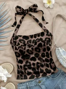 Women's Fashion Casual Halter Top, Leopard Print, Adjustable Straps, Sleeveless, Summer Beachwear, All Season Wearable