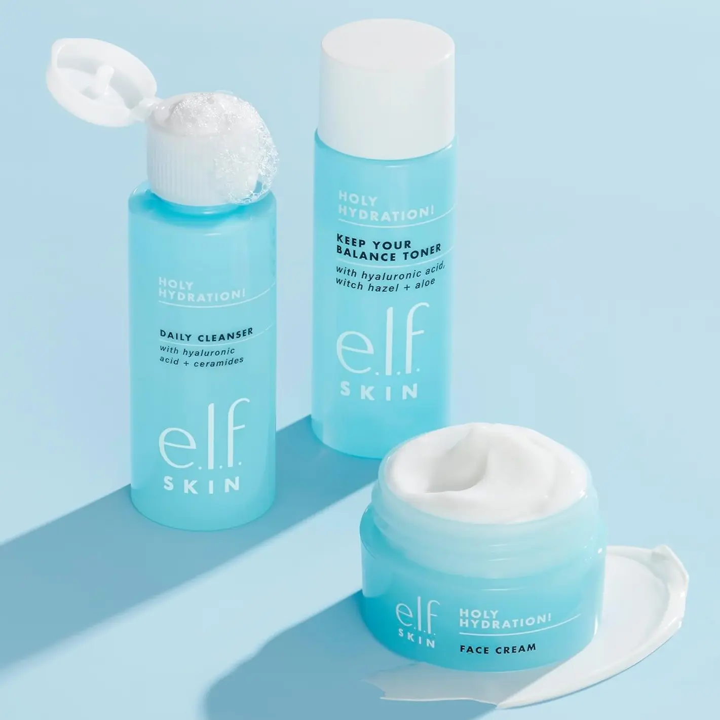 e.l.f. Holy Hydration! Mini 3-Piece Travel Skincare Kit - Fresh and Clean Cleanser, Toner, Hyaluronic Acid & Peptides Face Moisturizer for All Skin Types with Silica