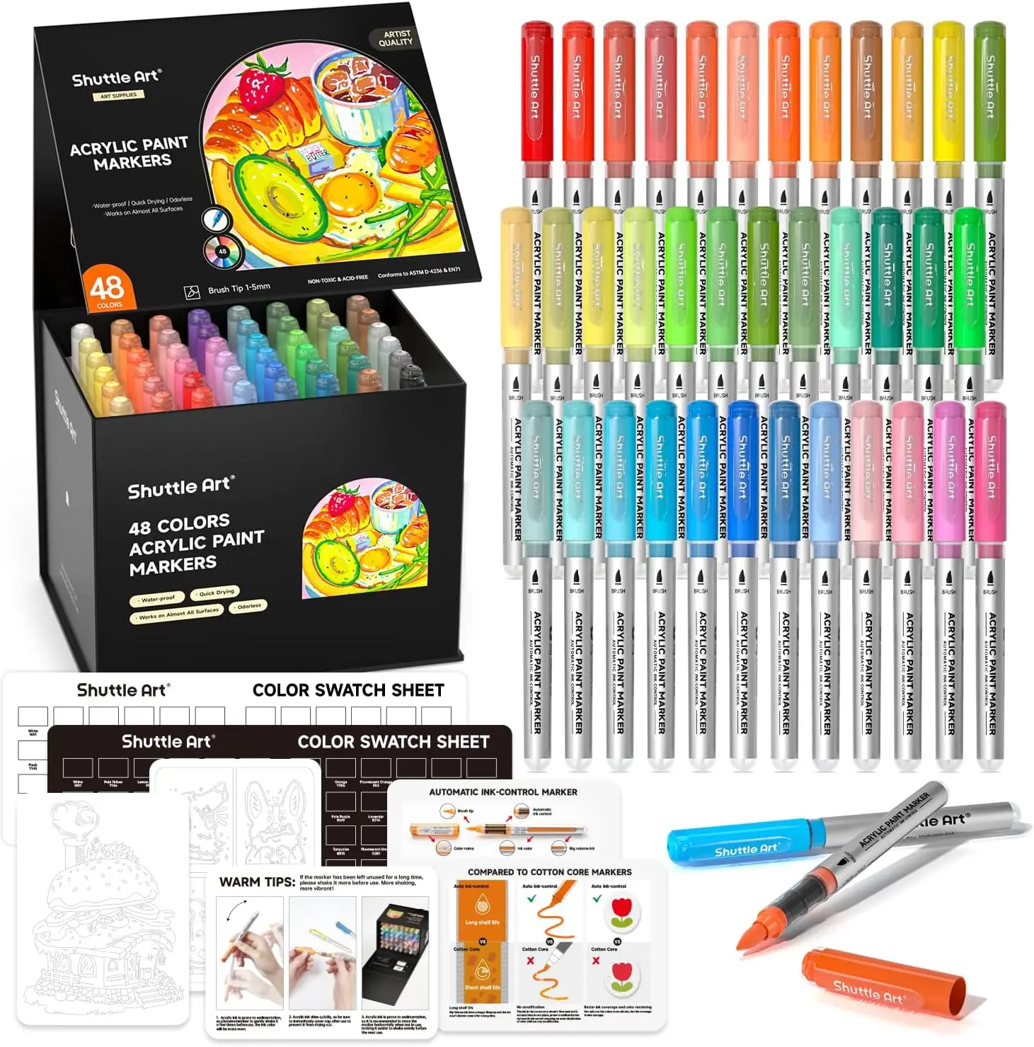 Shuttle Art Automatic Ink Control Acrylic Paint Markers, 48 Colors Brush Tip Acrylic Paint Pens for Rock Painting, Ceramic, Wood, Canvas, Glass, Stone
