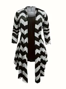 Plus Striped Print High Low Outwear & Solid Cami Top & Skinny Pants Set, Casual Outerwear Top & Top & Skinny Trousers Set, National Day Clothing, Women's Clothes, Plus Size Co-ords