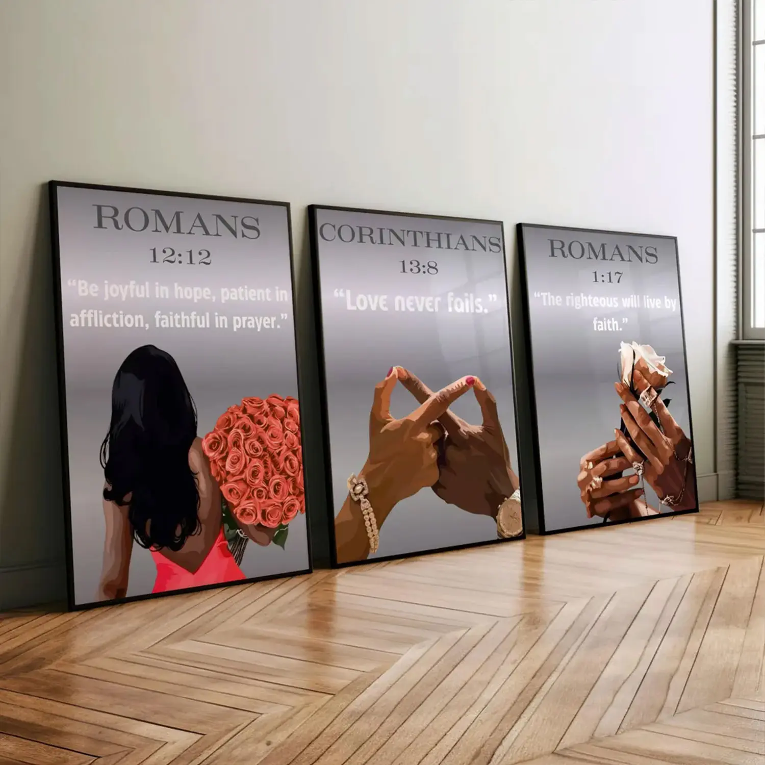 Set of 3 Black Christian Girl Wall Art, Inspiring Bible Verse Art Bundle for Faith Room Decor, Bible Verse Prints