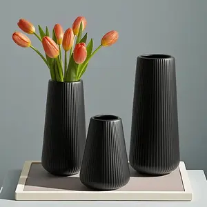 3pcs Nordic Shatterproof Vase Set – Black & White Textured Plastic Vases in 3 Sizes | Minimalist Home Decor, Dining Table Centerpiece, Faux Flower Display, Gift-Ready Modern Vases | Viral Aesthetic Room Setup