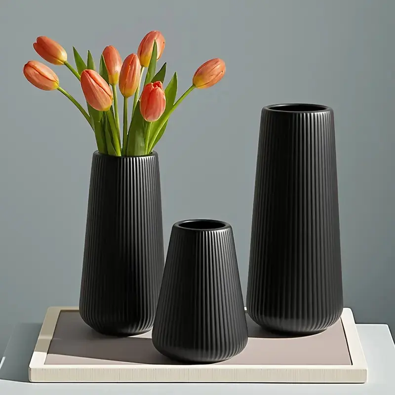 3pcs Nordic Shatterproof Vase Set – Black & White Textured Plastic Vases in 3 Sizes | Minimalist Home Decor, Dining Table Centerpiece, Faux Flower Display, Gift-Ready Modern Vases | Viral Aesthetic Room Setup