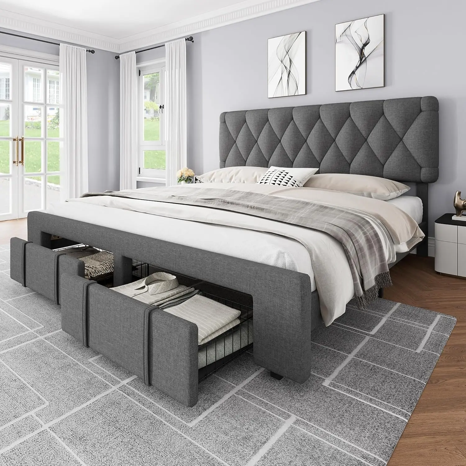 Garvee Full Upholstered Platform Bed Frame – Full Size with Storage Drawers, Solid Wooden Slats Support, No Box Spring Needed, Grey