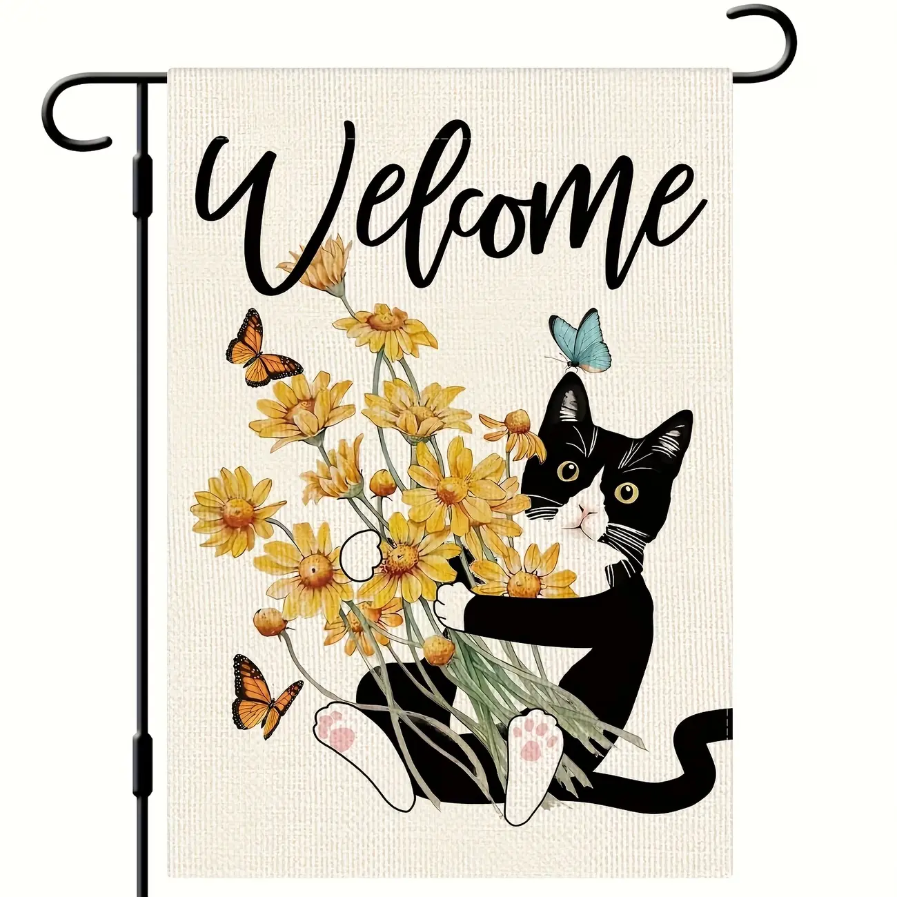 Welcome Tuxedo Cat Sunflower Garden Flag 12x18 Inch, Double Sided Spring Summer Floral Yard Flag for Outside, Cute Black White Cat Butterfly Decorative Flag for Home Garden Lawn Patio Double Sided Spring Floral Yard Decor for Cat Lovers 12*18inch