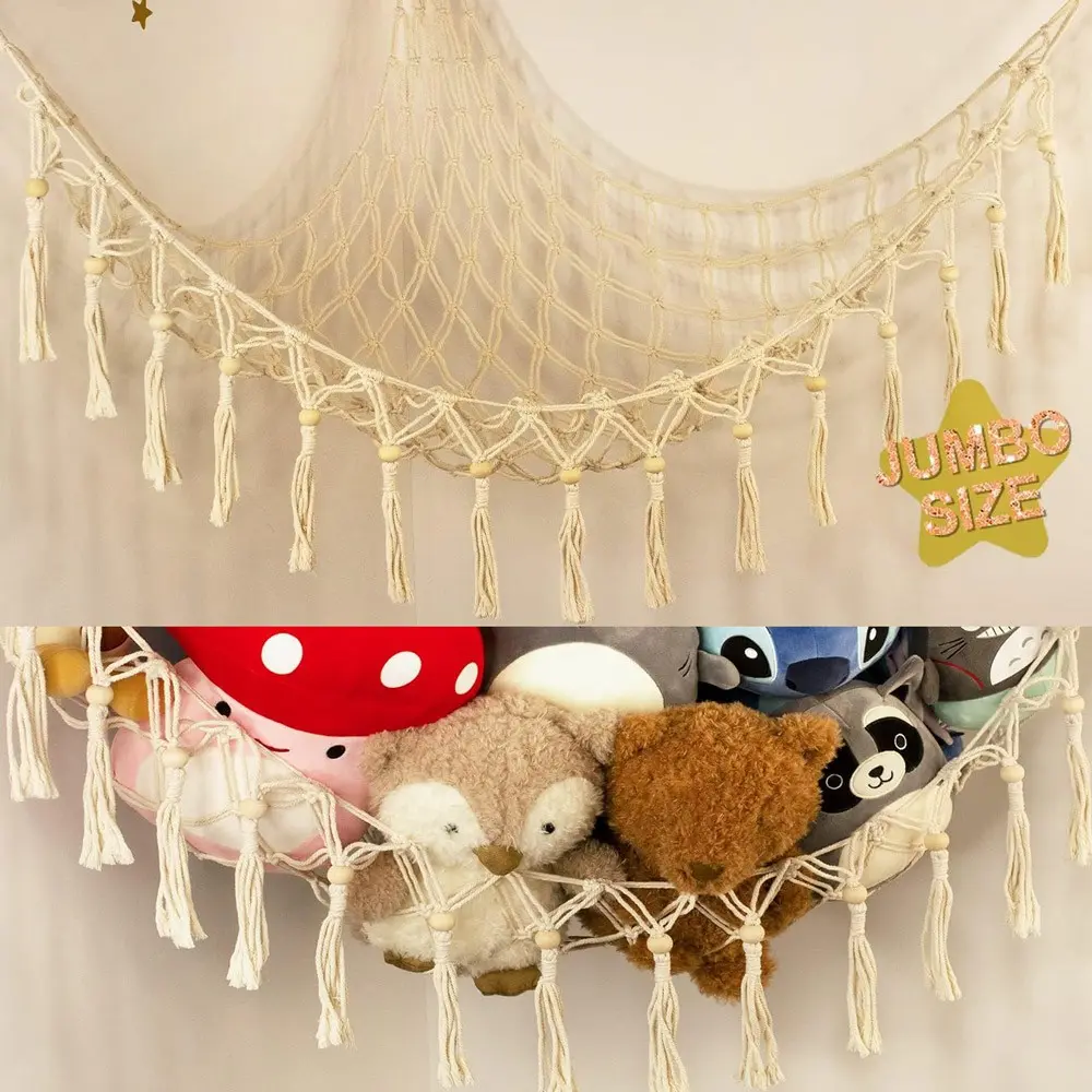 Stuffed Animal Toy Storage Hammock with Tassel, Decorative Home Storage, Organize Toys Effortlessly, Perfect for Kids' Rooms & Play Areas, Durable Design