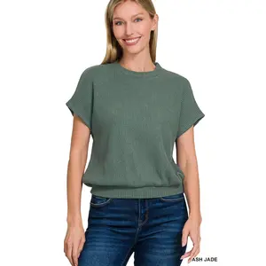 Zenana Women's Round Neck Banded Short Sleeve Sweater - Ash Jade