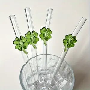 1/4pcs of Clover-Shaped Decorative Glass Straws (8mm × 7.87") with a Cleaning Brush - Reusable High Borosilicate Glass Drinking Straws for Smoothie, Party, Beverage, BPA-Free, Dishwasher Safe - for Wedding, Beach, Christmas, Hallowee