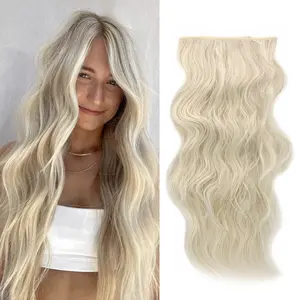[ Qbeauty ] Platinum Blonde With  Gray lowlights Clip- in Synthetic Hair Extensions Long Wavy 4PCS Thick Hairpieces Double Weft Natural Hair Extensions for Women