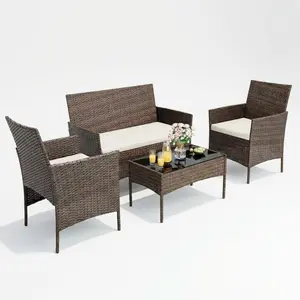 4-Piece Outdoor Furniture Set, PE Rattan Wicker Chairs with Soft Cushions & Tempered Glass Coffee Table - All-Weather Patio Set for Garden, Backyard, Porch, Poolside (Grey/Beige)