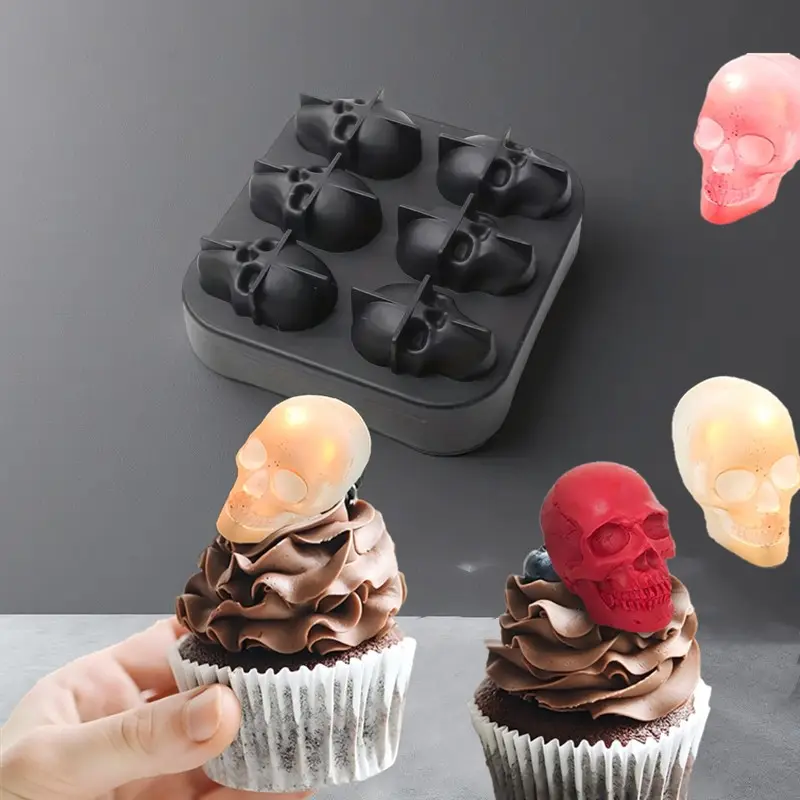 Spooky Skull Shape Silicone Mold with 6 Cavities - Food Grade Non-Stick Reusable Kitchen Bakeware for Chocolate, Ice Cubes, Cupcake Decorations, Pet Treats (DIY Crafts, Party Supplies Gift)