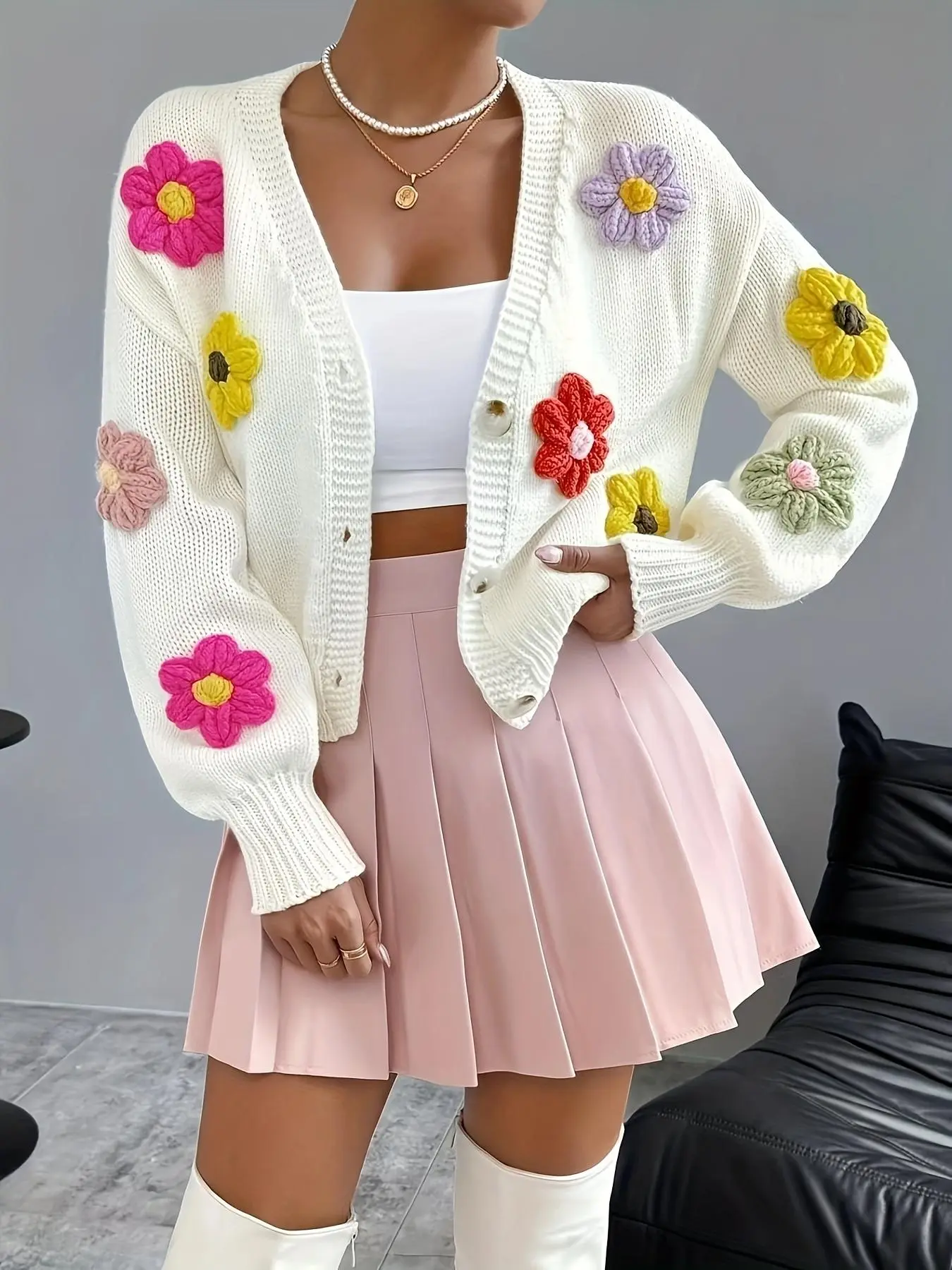 Colorful Floral 3D Embroidered Knit Cardigan with Button V Neck, Casual Loose Fit Long Sleeve Knitwear Sweater for All Seasons, Essential Daily Layering Piece Womenswear