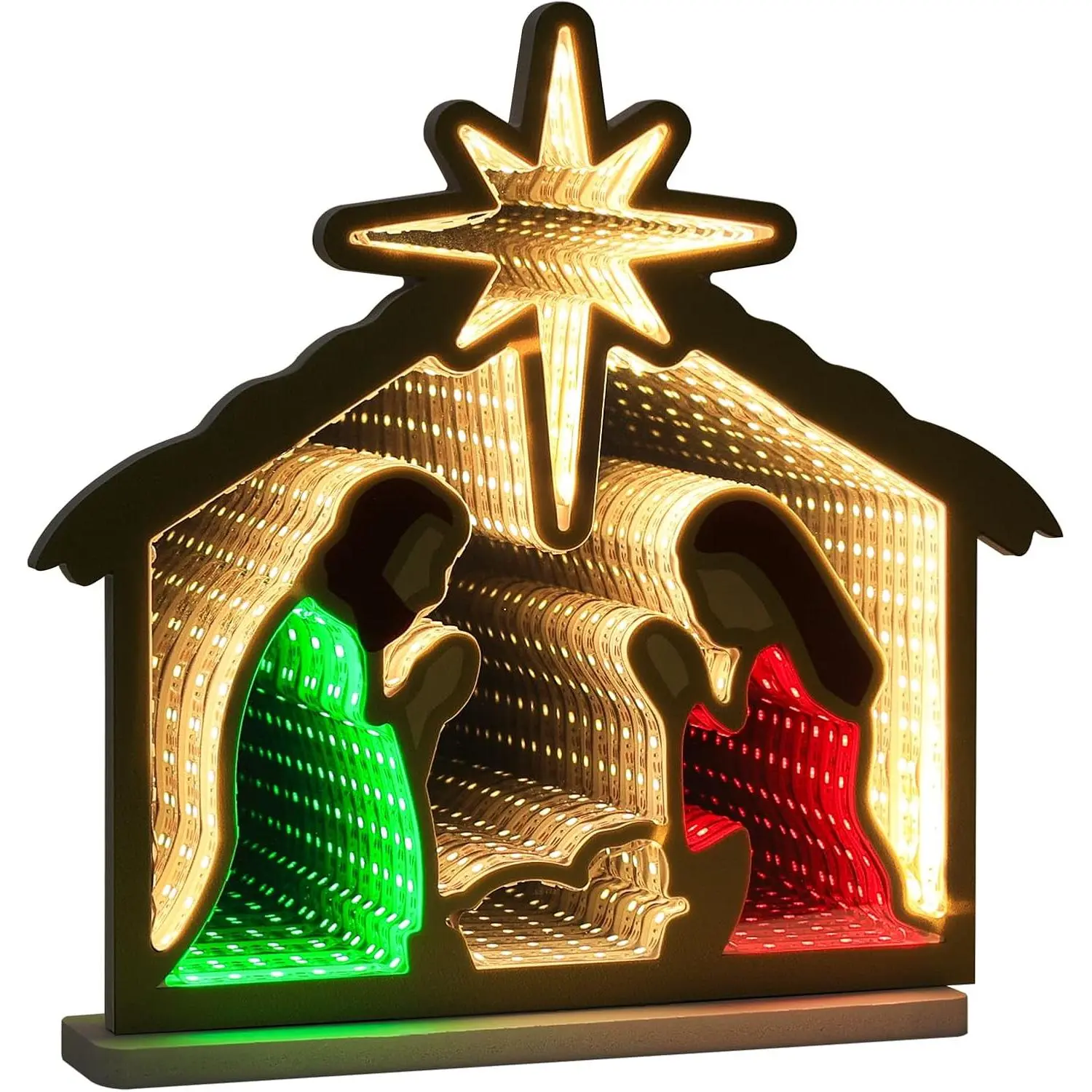 Christmas Indoor Nativity Scene Set Nativity Scene Infinity Mirror Tunnel Lights Nativity Scene Home Living Room Mantel Tabletop Centerpiece with Manger Christmas Decorations