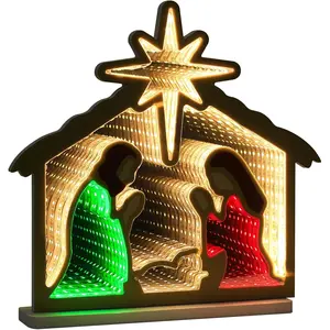 Christmas Indoor Nativity Scene Set Nativity Scene Infinity Mirror Tunnel Lights Nativity Scene Home Living Room Mantel Tabletop Centerpiece with Manger Christmas Decorations