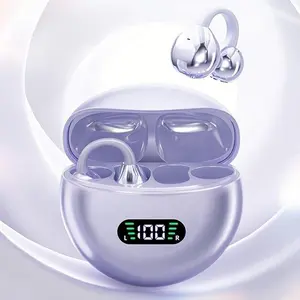 MOKATA TWS Open-Ear Clip-On Chargeable Wireless Earbuds with Clip-On Wireless Earpads, Headphones Bluetooth 5.4, Hi-Fi Sound, LED Display, Noise Suppression, IPX5 Water Resistant, Charging Case for Gym & Daily Use - Purple