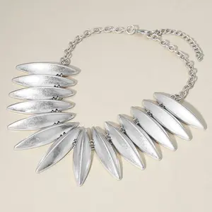 Bold Brushed Metal Spike Link Statement Necklace