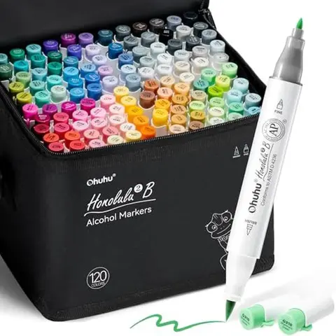 Ohuhu Alcohol Markers: Brush & Chisel / Fine / Soft Chisel - 120 Colors for Adult Coloring Refillable | AP Certified, Dual Tips Alcohol-based for Artists Beginners Drawing Illustration Sketching - New Look - Honolulu 2 & 2B & 2S Series of Ohuhu