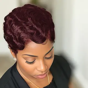 Machine Made Human Hair Wigs 4Inch 99J/Brown/Natural Black Color Short Finger Wave Pixie Cut Human Hair Wigs for Women Daily Paty Cosplay Christmas Use Wig