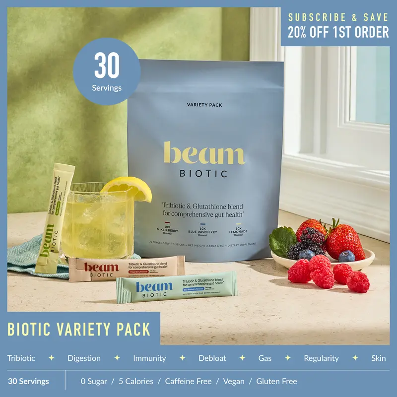 Beam Biotic Gut Health Variety Pack – Prebiotic + Probiotic + Postbiotic, Bloating & Digestive Support, Sugar Free, 5 Calories, 3 Flavors, 30 Sticks