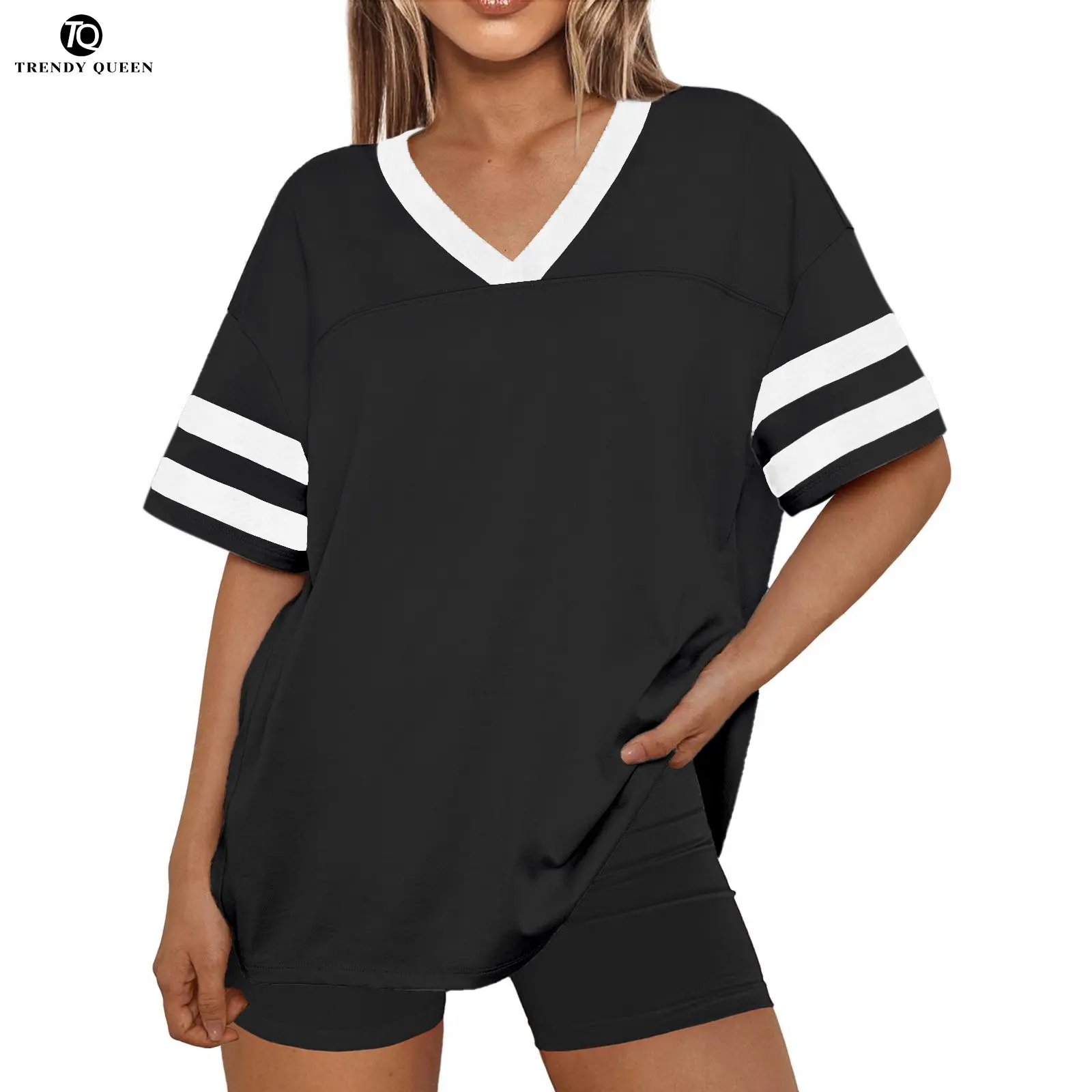 Trendy Queen Womens V-Neck Workout T Shirts Casual Loost Fit Y2K Tops Trendy Clothes 2025