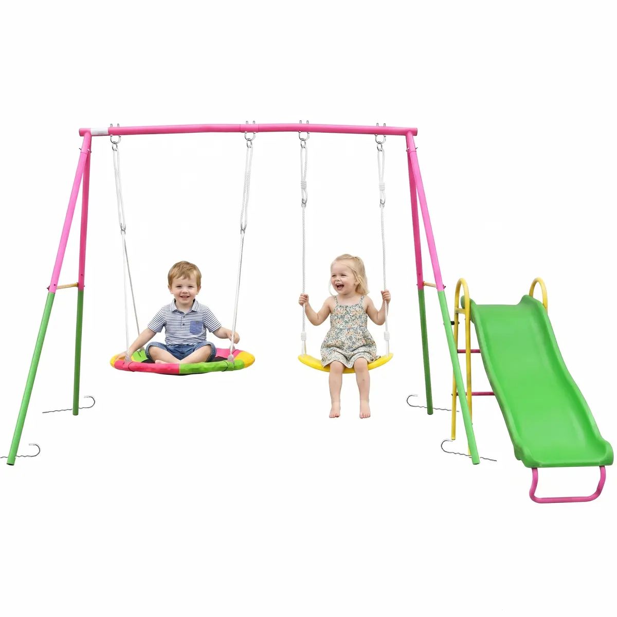 Aobtkel3 in 1 Swing Set with Slide 32" Saucer Swing 2-Seat + 2 Belt Swings Heavy Duty Metal Frame ASTM F963 CPSC Certified Outdoor Playset for Backyard Park Kids Toddlers Age 3+ Boys Girls Easy Install Social Fun Summervibe Gift pink