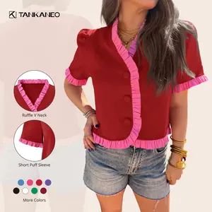 Tankaneo Womens Cropped Short Puff Sleeve Blouse Summer Ruffle V Neck Button Down Shirts Dressy Casual Work Tops