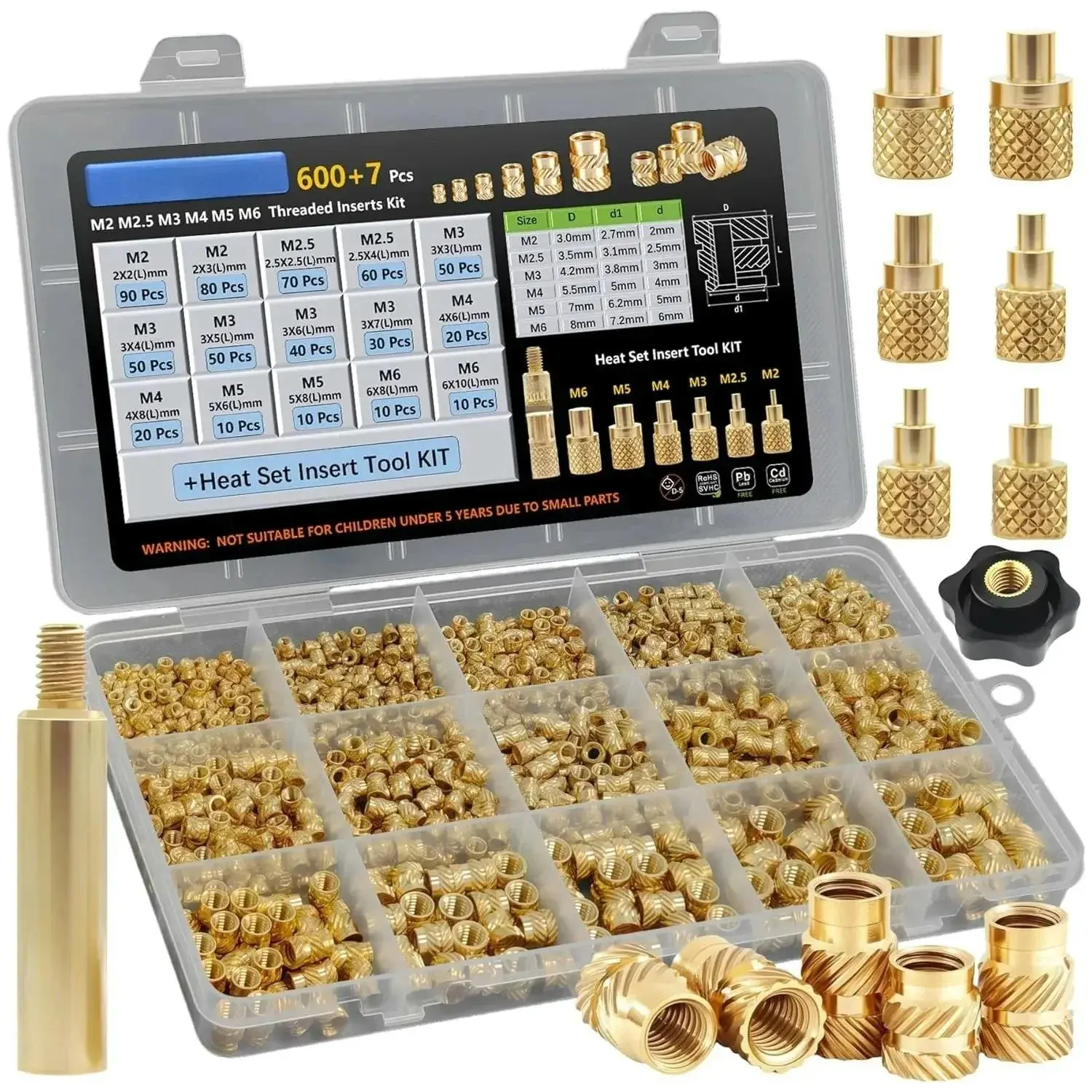600+7Pcs M2 M2.5 M3 M4 M5 M6 Premium Brass Threaded Inserts, Metric Brass Knurled Nuts Assortment Kit, with Heat Set Insert Tool, for Plastic and 3D Printing Components, All-in-one Solutions
