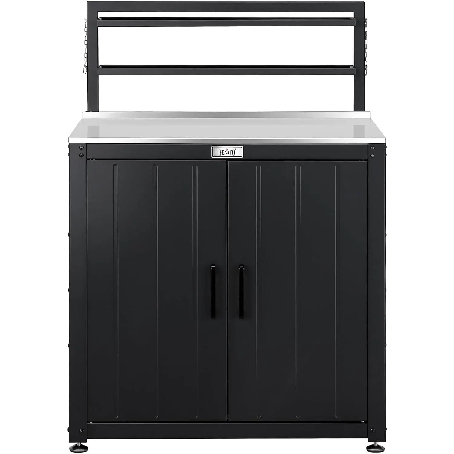 Feasto Outdoor Potting Bench Table with Storage Cabinet, Black | Stainless Steel Garden Workstation, Raised-Edge Top, Adjustable Shelf & Removable Hutch, Patio, Balcony & Outdoor Workspace