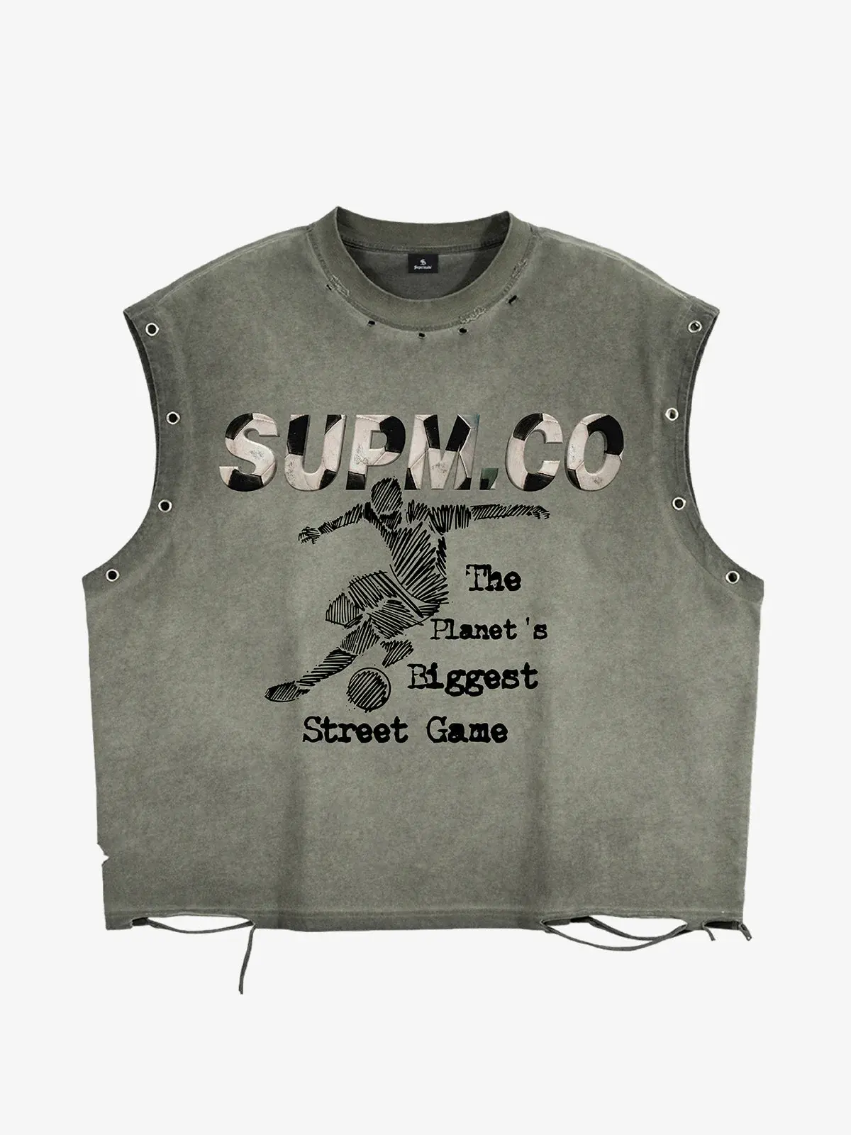 Thesupermade Distressed "SUPM.CO" Soccer Graphic Sleeveless T-Shirt