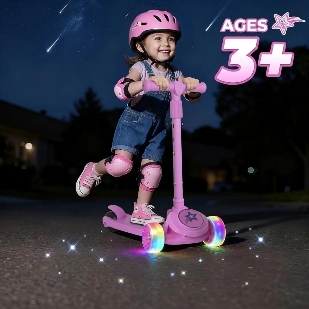 3-Wheel Kids Scooter for Boys Girls Ages 3-8,  Nattork LED Light-Up Wide Wheels, Lean-to-Steer, 3 Adjustable Handlebar, Foldable, Anti-Slip Deck & Rear Brake, Max 110 LBS, Birthday Holiday Gift, Dreamy Starry Print