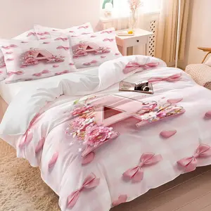 Coquette Pink Gingham Bow Heart Floral Initial Letter Print Duvet Cover Set, 1 Duvet Cover + 1 - 2 Pillowcases, Preppy Girly Pink Soft Microfibe Bedding Set, Girls Bedroom, Teen Room, College Dorm, Apartment, Home Decor, Gift for Girls Women