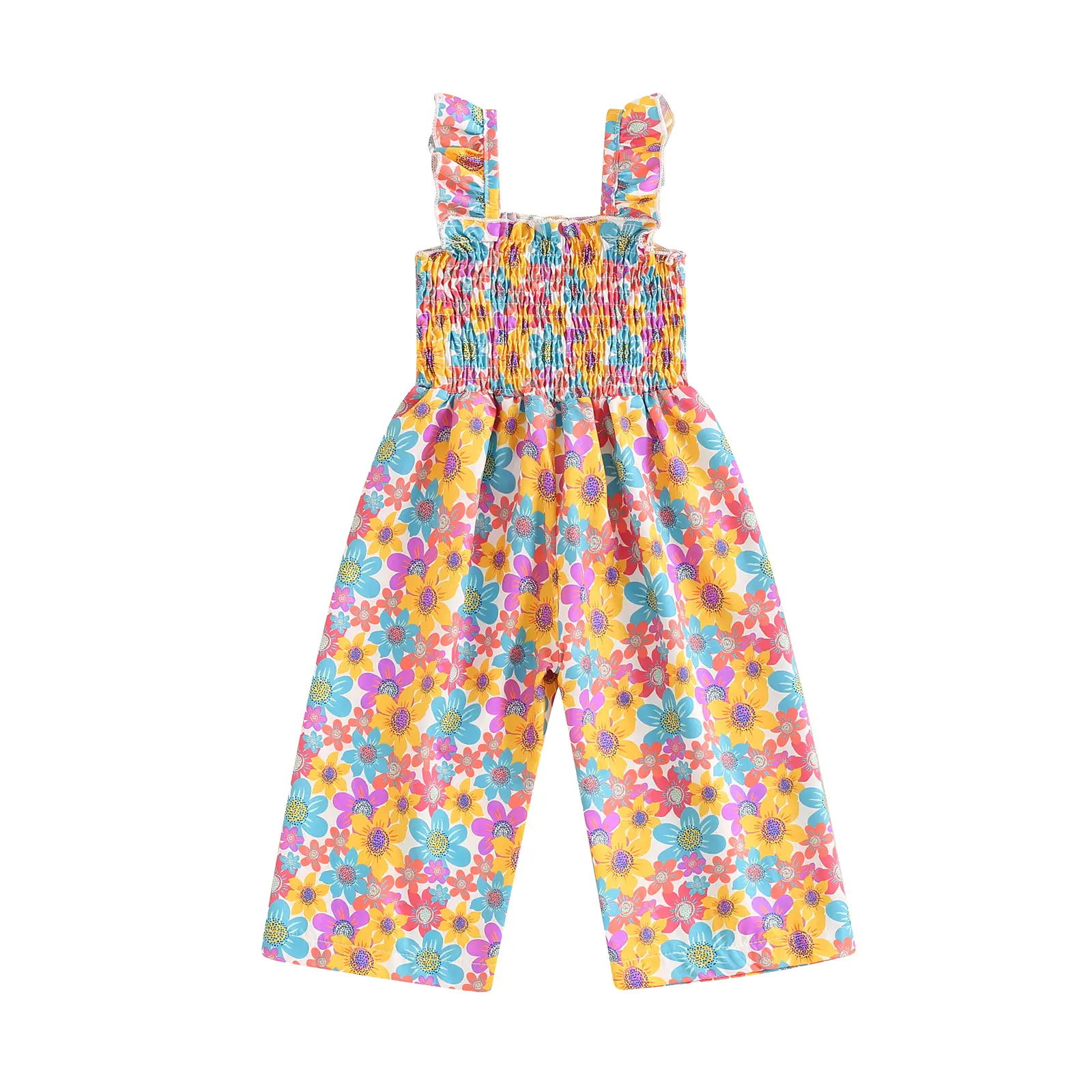 Toddler Baby Girls Outfit Ruched Colorful Floral Print Jumpsuit Sleeveless Romper Overall Pants Summer One Piece Clothes #Springtok