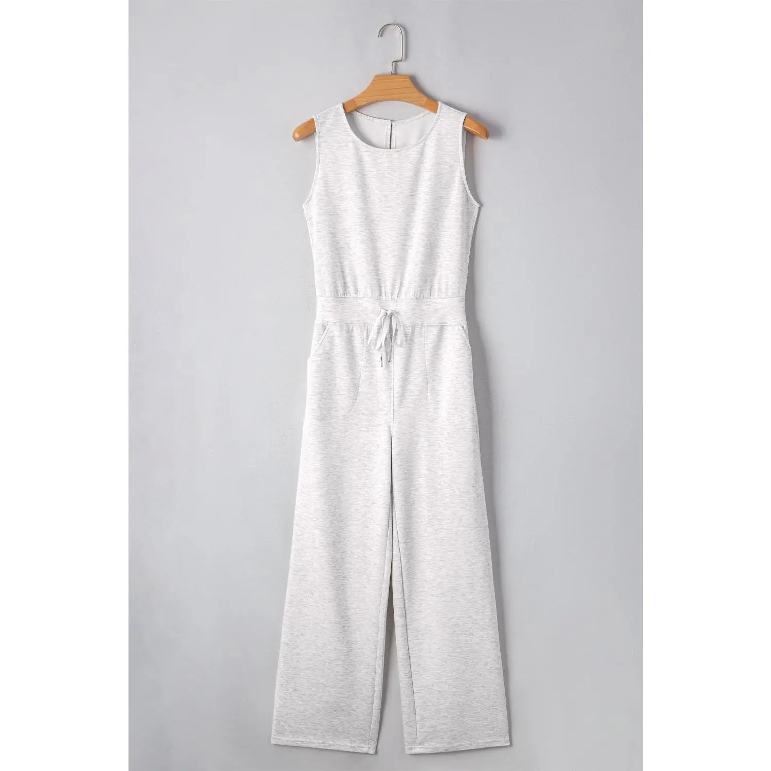 Light Grey Solid Color Crew Neck Drawstring High Waist Sleeveless Jumpsuit