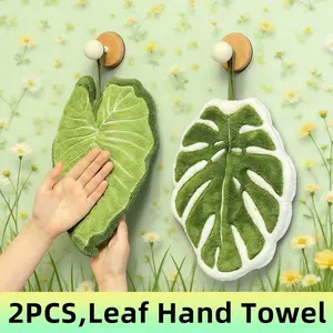2-Pack Leaf-Shaped Hanging Hand Towels, Thick Coral Fleece, Super Absorbent Quick-Dry, Ideal for Bathroom, Kitchen, Restaurant, Home Decor