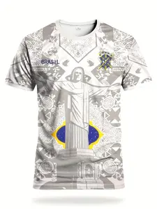 Men's Brazil Football Jersey with Rio Style Print, Comfortable Round Neck Sport T-Shirt, Ideal for Soccer Games and Training