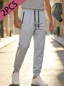 4-piece set，Men's Spring Summer Casual Pants, Sports Jogger Knit Running Pants, Tracksuit Pants, Polyester Spandex Blend, Drawstring Elastic Waist, Side Pockets