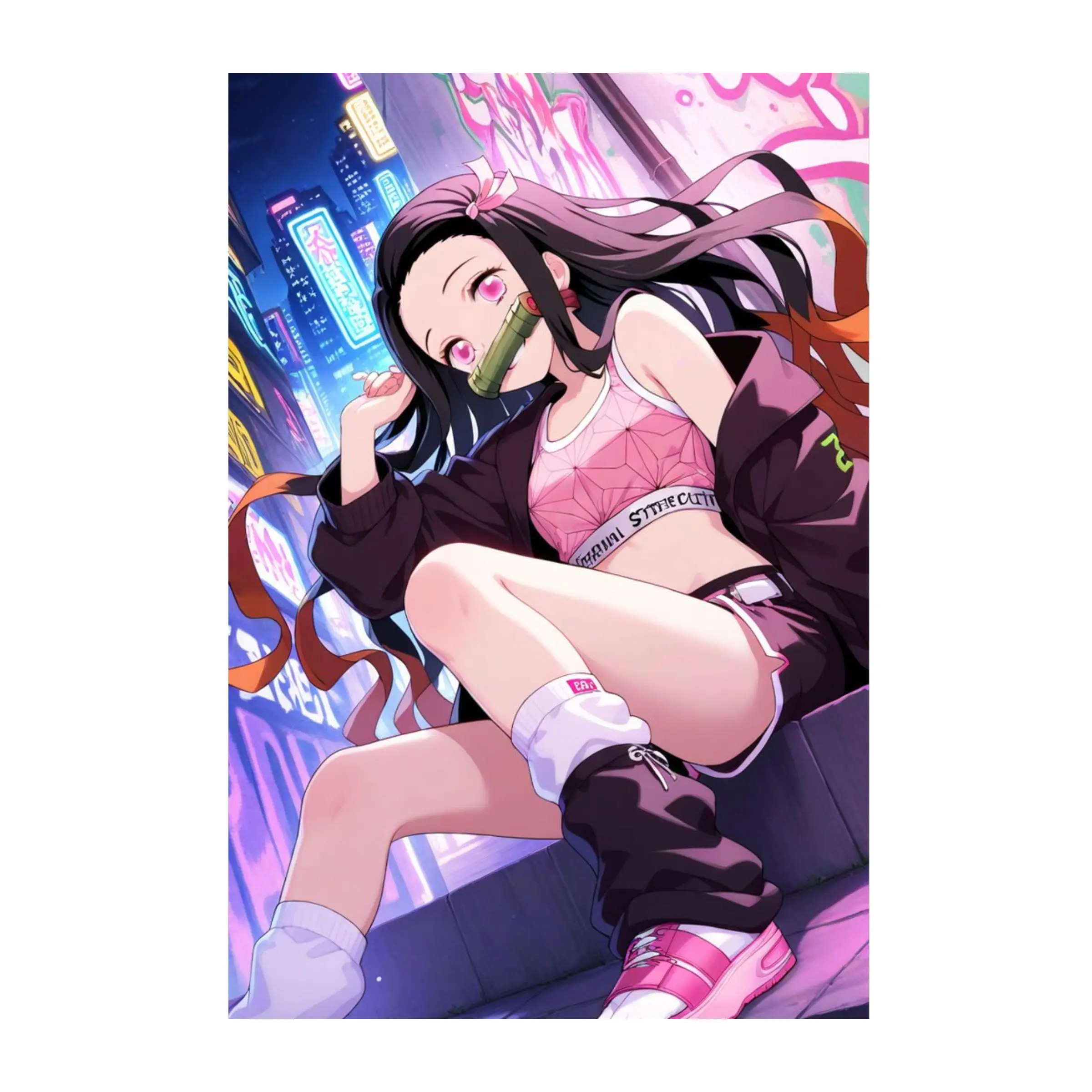 Nezuko Kamado Streetwear Poster, Urban Anime Girl from Demon Slayer, Pink Aesthetic Night City Wall Art for Otaku Room Decor
