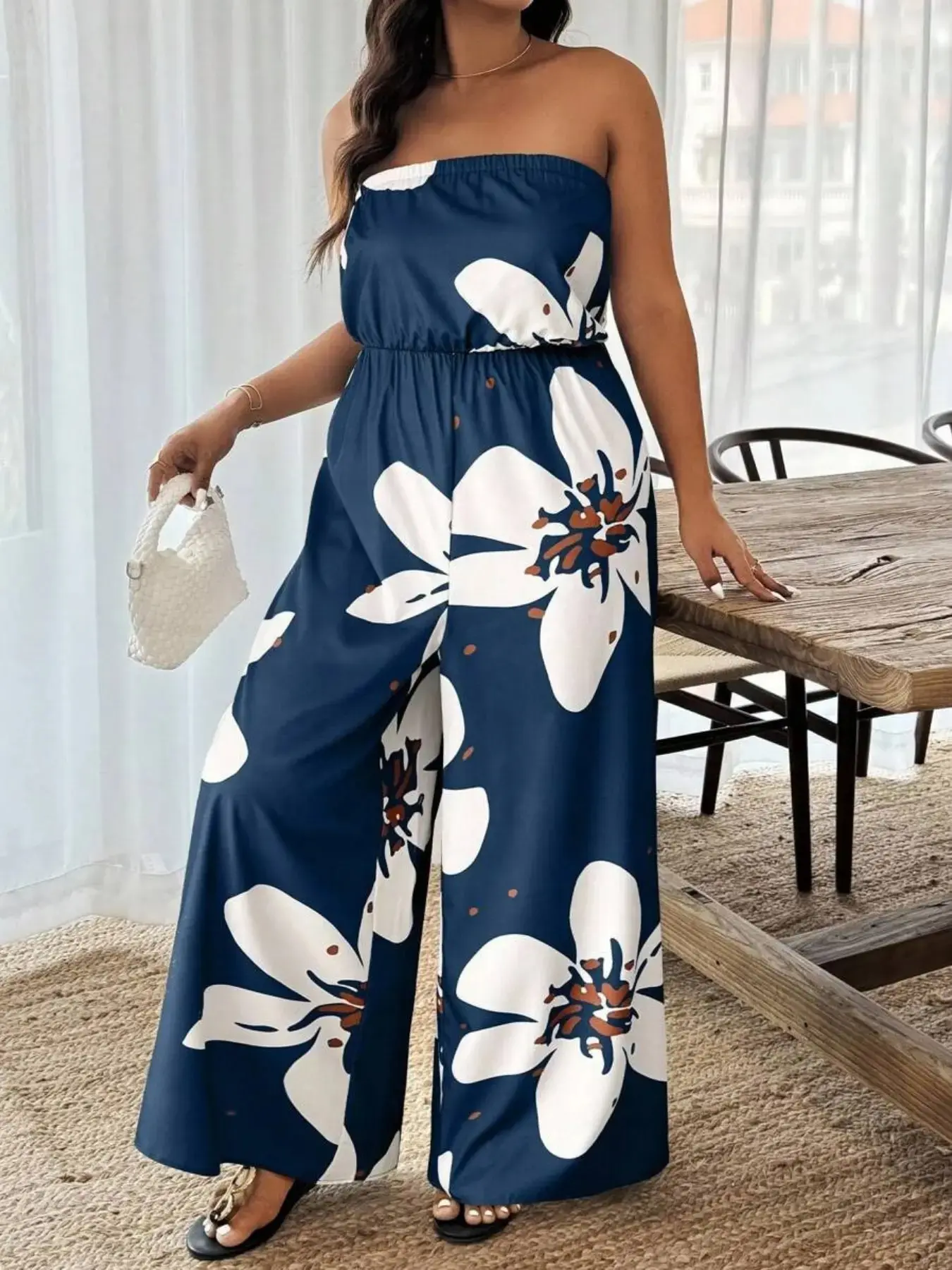 Plus Size Women Strapless Floral Wide Leg Jumpsuit Casual Summer Faux Waist Design Comfortable Stylish One Piece Romper for Vacation Beach