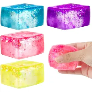 4 Pack Glitter Ice Cube Fidget Toys, Soft Cube Sensory Squishy Fidget Toys Square Squeeze Stress Balls for Kids Adults Anxiety Stress Relief, Classroom Prizes, Birthday Gifts Party Favors
