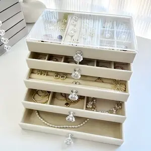 Upgraded 5-Tier Jewelry Box, Elegant Gray & Beige Multi-Compartment Organizer with Drawers for Earrings Rings, Anti-Tarnish Large Capacity Storage Case  trinket trade box bedroom storage