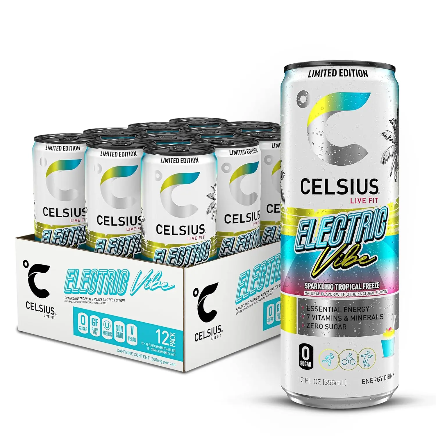CELSIUS Sparkling Electric Vibe, Functional Energy Drink 12 Fl Oz (Pack of 12)